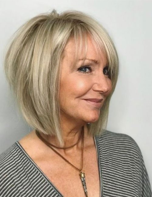 Sleek Rounded Bob with smooth blonde chin-length bob, side-swept bangs, and softly curved ends
