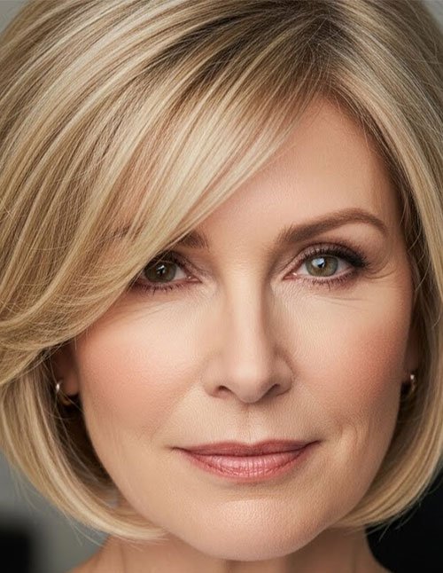 Soft layered bob with side-swept bangs and blonde highlights