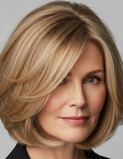 Woman with a softly layered classic bob in blonde tones.