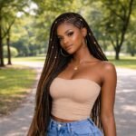 Black woman standing in a sunny park with long knotless box braids, gold cuffs, and soft glam makeup.