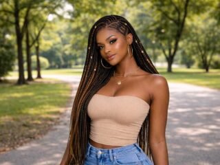 Black woman standing in a sunny park with long knotless box braids, gold cuffs, and soft glam makeup.