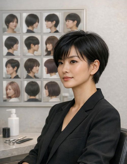 Woman with short pixie haircut and subtle side-swept bangs.
