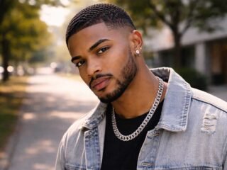 Man with a short Caesar cut and clean fade, posing outdoors in soft sunlight.
