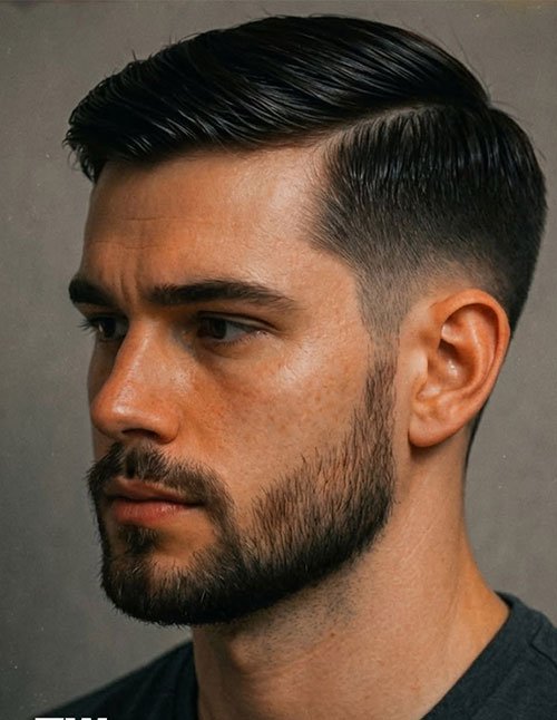 Man with a tapered-side-part hairstyle featuring a clean side part and neatly faded sides.