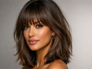 Taylor Swift inspired shoulder-length layered hairstyle with soft bangs