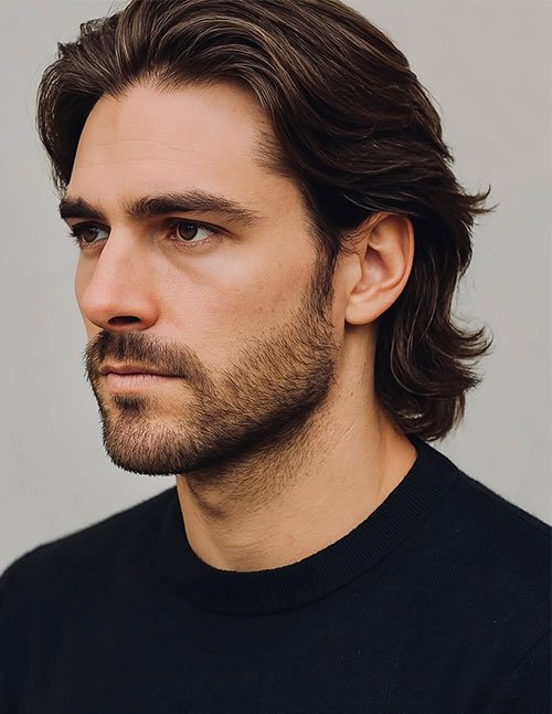 Textured Medium Layers with medium-length hair swept back, soft volume on top, and lightly feathered ends around the neck.