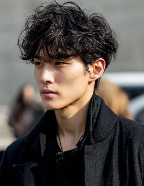 Young man with textured tousled black hair wearing a black coat