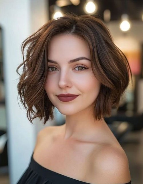 Textured Wavy Bob with loose waves, side volume, and chin-length cut