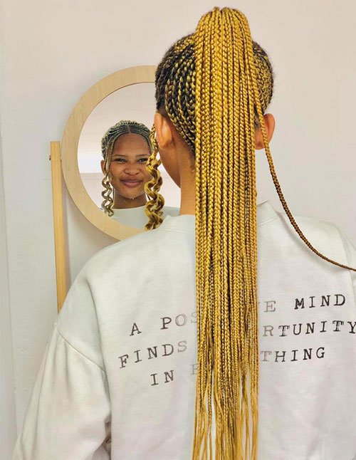 Trendy golden knotless braids styled in a high ponytail, with long sleek braids cascading down the back and curled face-framing pieces.