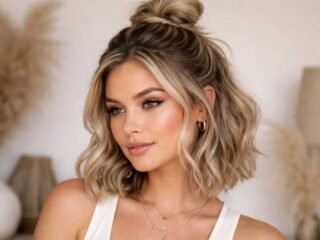 Short wavy bob styled half-up half-down with a small top bun.