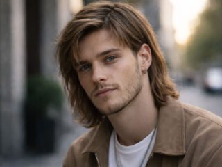 Trendy medium-length men’s hairstyle with layered, side-swept hair and a natural textured finish.