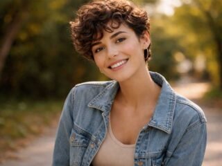 Trendy spring curly pixie haircut on a smiling woman outdoors in warm natural light.