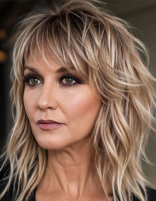Volumized shag cut with wispy bangs and textured blonde layers