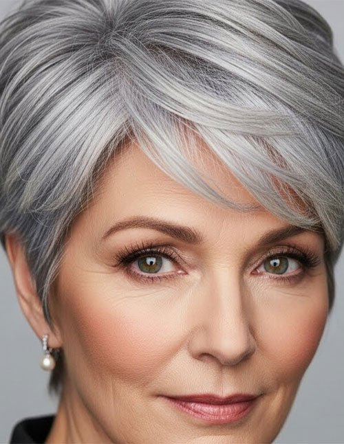 Close-up of a woman with a volumizing layered pixie haircut in silver-gray tones.