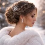 Side-profile of a woman wearing a braided crown updo with a low textured bun, styled with sparkling winter hair pins.