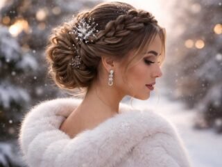 Side-profile of a woman wearing a braided crown updo with a low textured bun, styled with sparkling winter hair pins.
