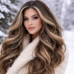 Woman with long, voluminous thick waves and caramel balayage, wearing a white faux-fur coat in a snowy outdoor setting.