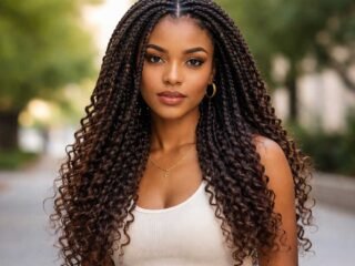 A realistic portrait of a Black girl standing outdoors with long braids that blend into loose, natural curls, styled neatly and flowing over her shoulders.