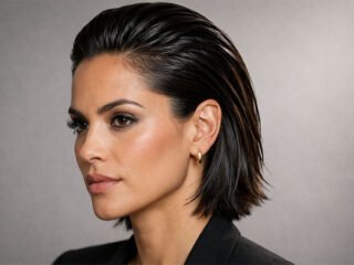 Slick back hairstyle for women, glossy dark hair close-up