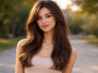 Single woman outdoors with long layered hair, side-parted and softly voluminous, styled in smooth flowing waves.