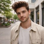 Stylish man with a voluminous quiff hairstyle standing outdoors on a city street, wearing a light beige jacket over a white shirt.
