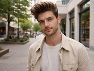 Stylish man with a voluminous quiff hairstyle standing outdoors on a city street, wearing a light beige jacket over a white shirt.