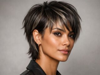 Hyper-realistic mixie haircut close-up showing layered short hair with textured volume and face-framing bangs