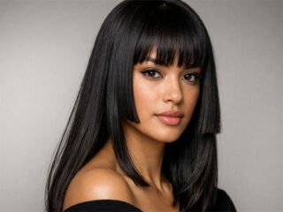 Sleek hime haircut with straight black hair and blunt bangs on woman