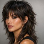 Layered wolf haircut with textured bangs on brunette hair