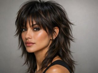 Layered wolf haircut with textured bangs on brunette hair