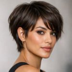 Bixie haircut on diverse woman with short layered hairstyle and soft highlights
