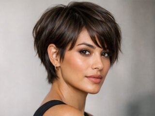 Bixie haircut on diverse woman with short layered hairstyle and soft highlights