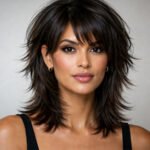 Modern kitty cut hairstyle with feathered layers and bangs on brunette hair close-up