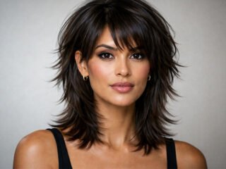 Modern kitty cut hairstyle with feathered layers and bangs on brunette hair close-up