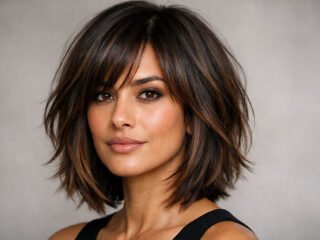 layered fall bob hairstyle, soft volume and side-swept bangs in studio lighting.